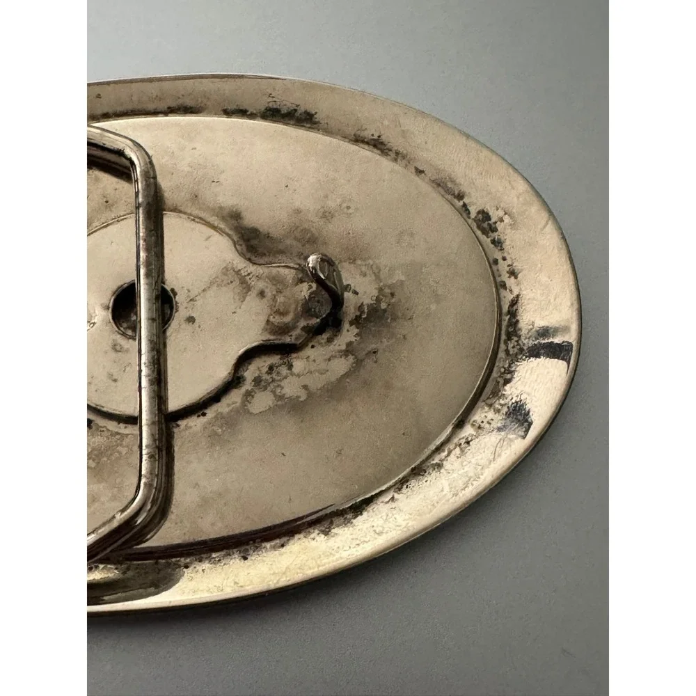 Vintage Ford Mustang Belt Buckle White Muscle Car Enamel Blue Swirl Oval Retro